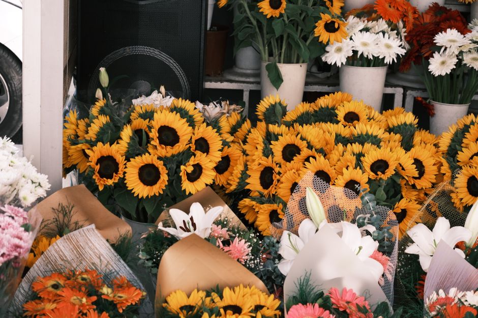 A vibrant display of floral arrangements, prominently featuring large bouquets of bright yellow sunflowers with dark centers, arranged closely together in front of a flower shop. Surrounding the sunfl